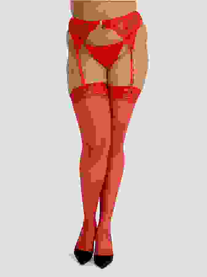 Lovehoney Plus Size Red Sheer Lace Top Thigh High Stockings, Red, hi-res